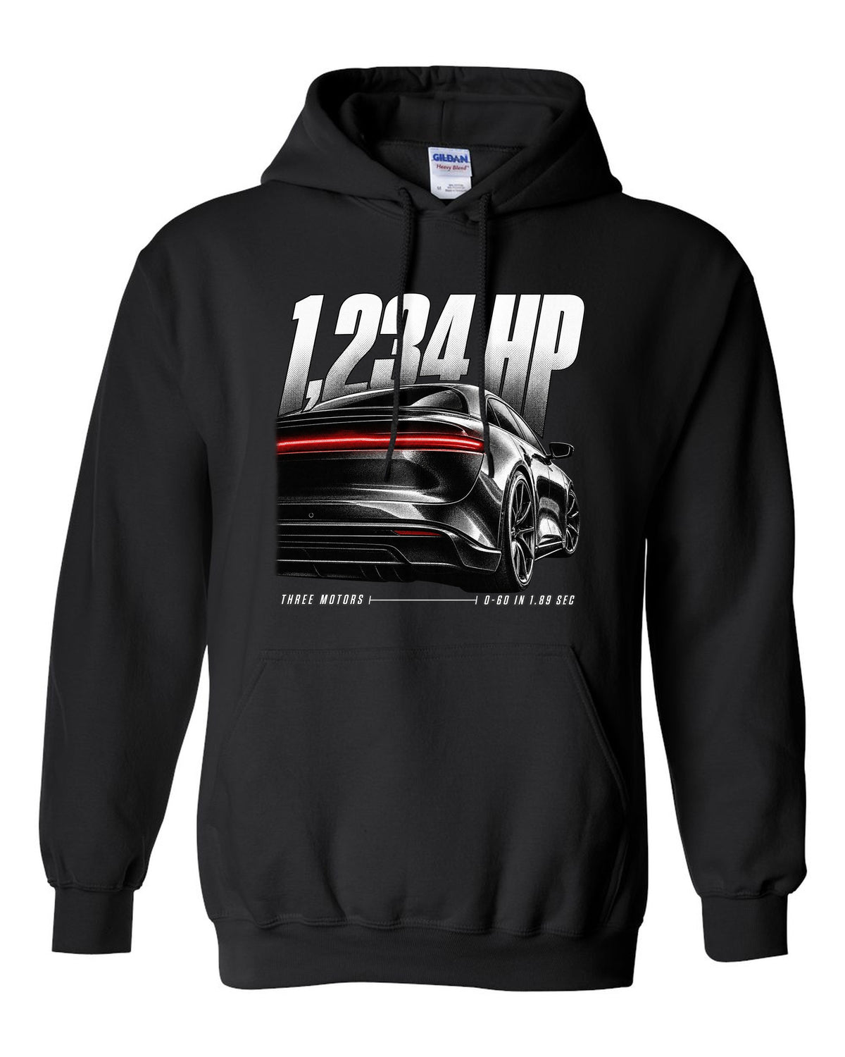 Rear detail macro of Lucid Air Sapphire 2023 with light slit and performance figures black pull over hoodie front view with the design