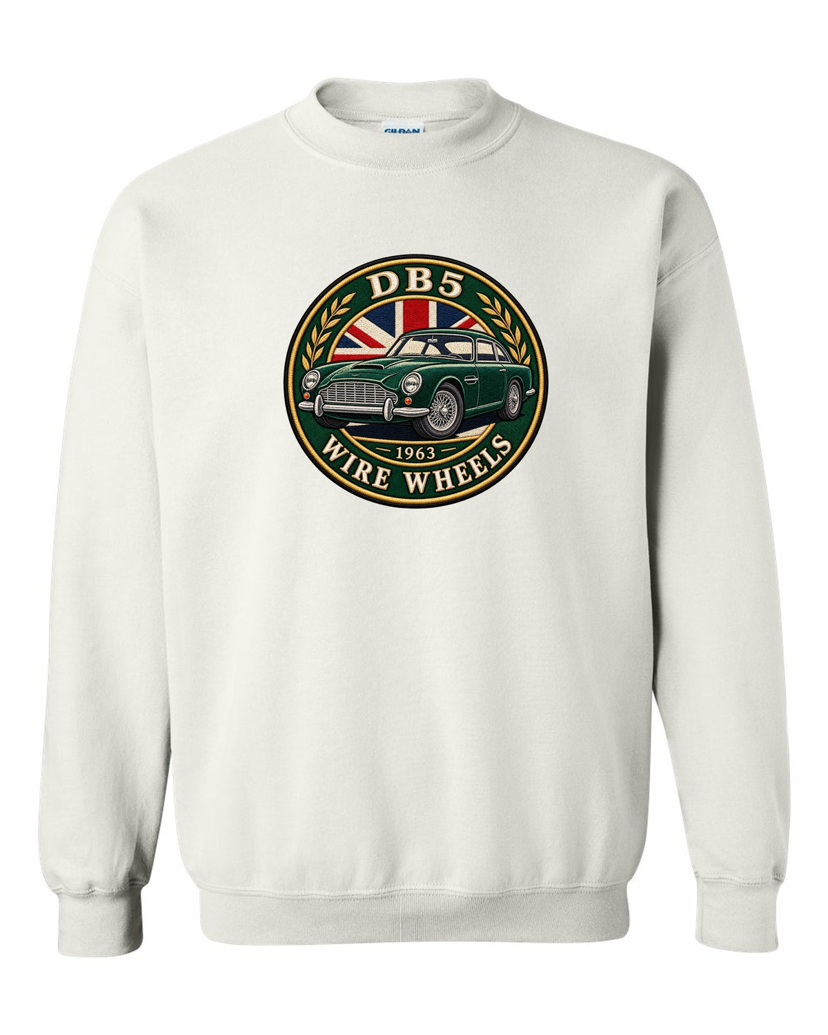 Aston Martin DB5 varsity crest with DB5 1963 WIRE WHEELS lettering white crewneck front view with the design
