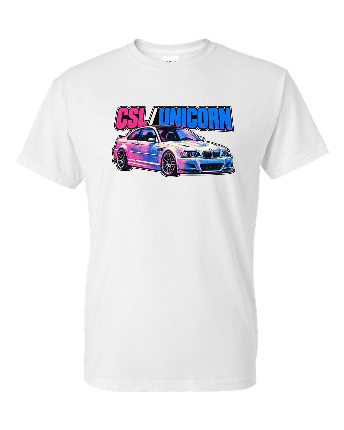 Risograph spot colour print of a BMW E46 M3 CSL with CSL Unicorn text white t-shirt front view with the design