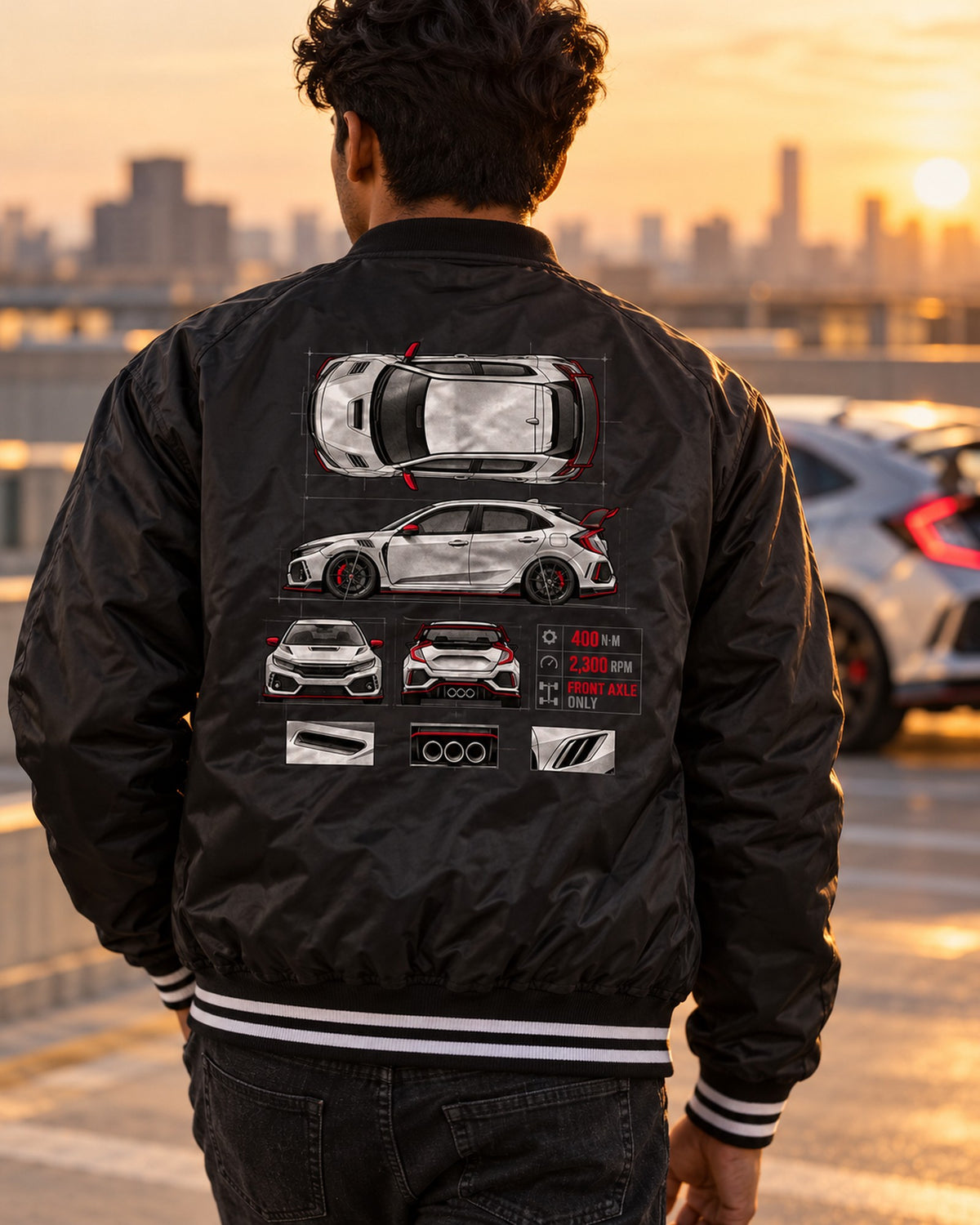 Honda Civic FK8 Type R Three Pipes Spec Poster Shirt, 2018 Bomber Jacket Black worn hero