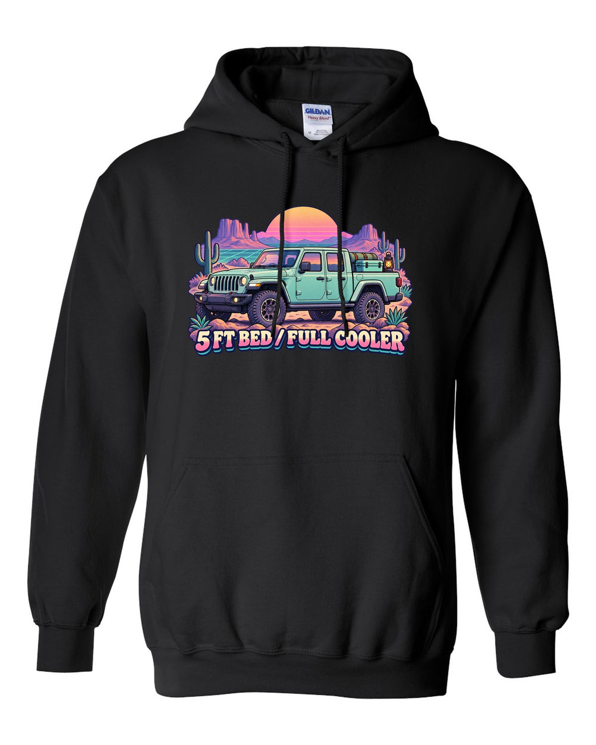 Vaporwave pastel print of a Jeep Gladiator JT in a desert camp with cooler text black pull over hoodie front view with the design