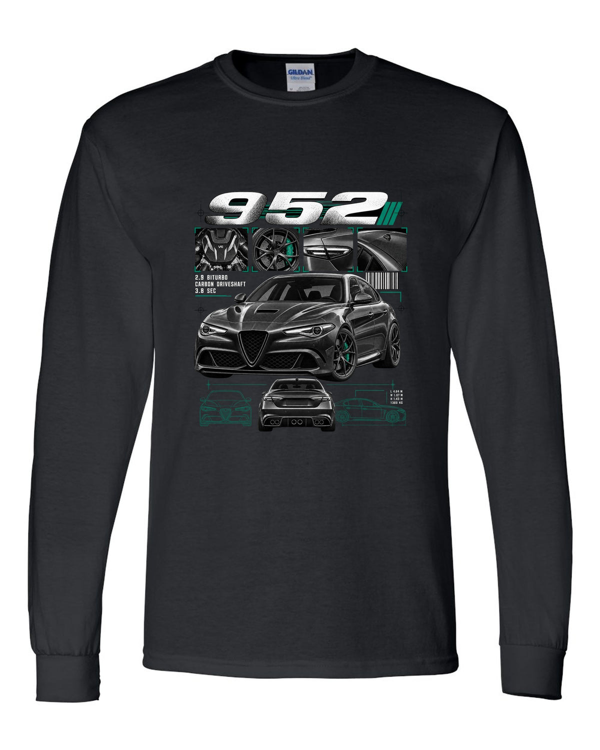 Dossier panel print of an Alfa Romeo Giulia Quadrifoglio 952 with 2.9 biturbo and carbon driveshaft text black long sleeve front view with the design