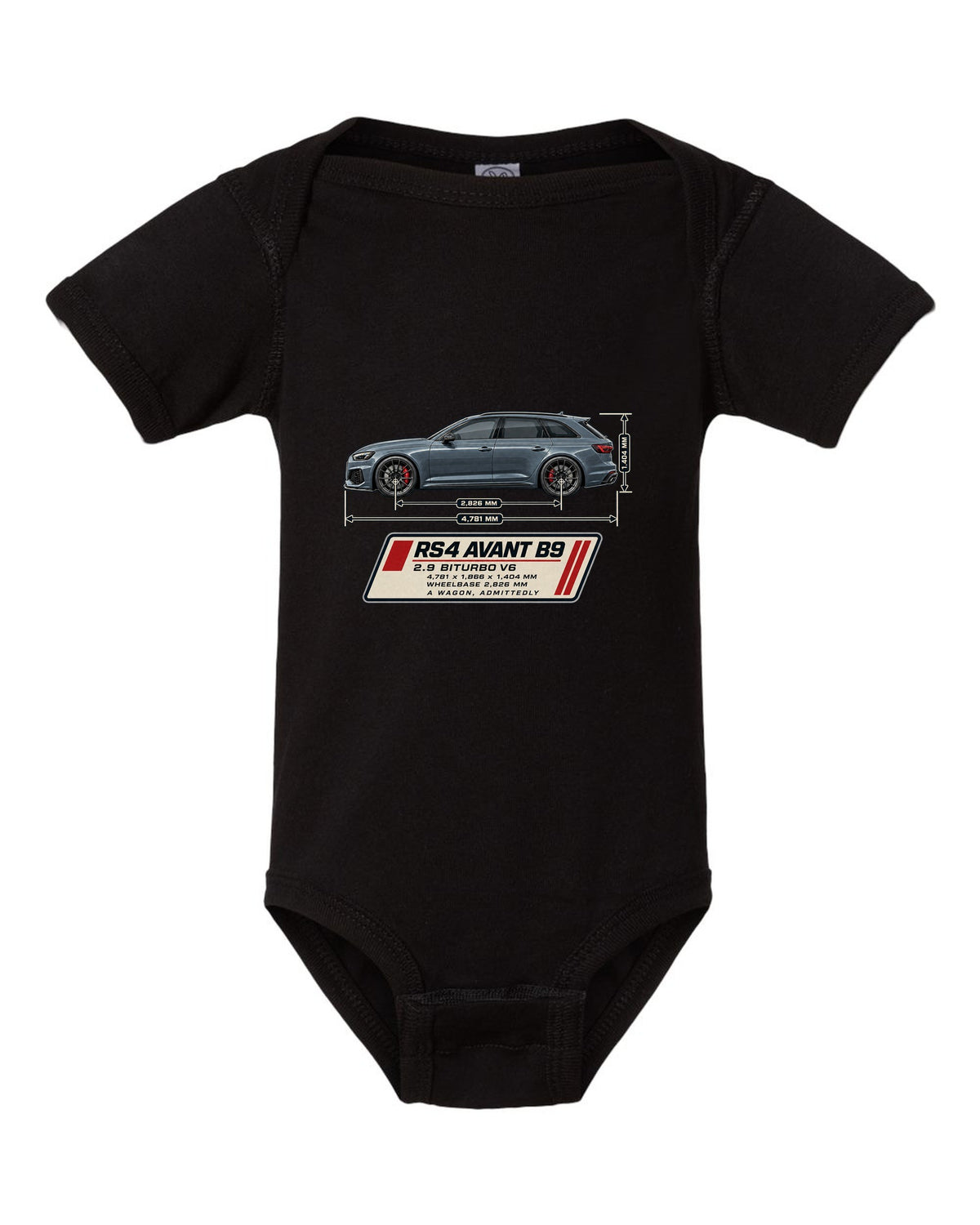 Audi RS4 Avant B9 dimension blueprint print with measurements black baby onesie front view with the design
