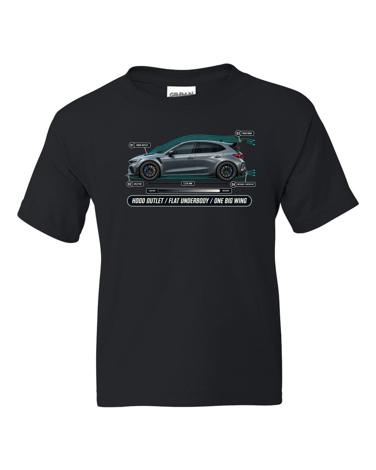 Honda Civic Type R FL5 Airflow Callouts black kids tee front view with the design