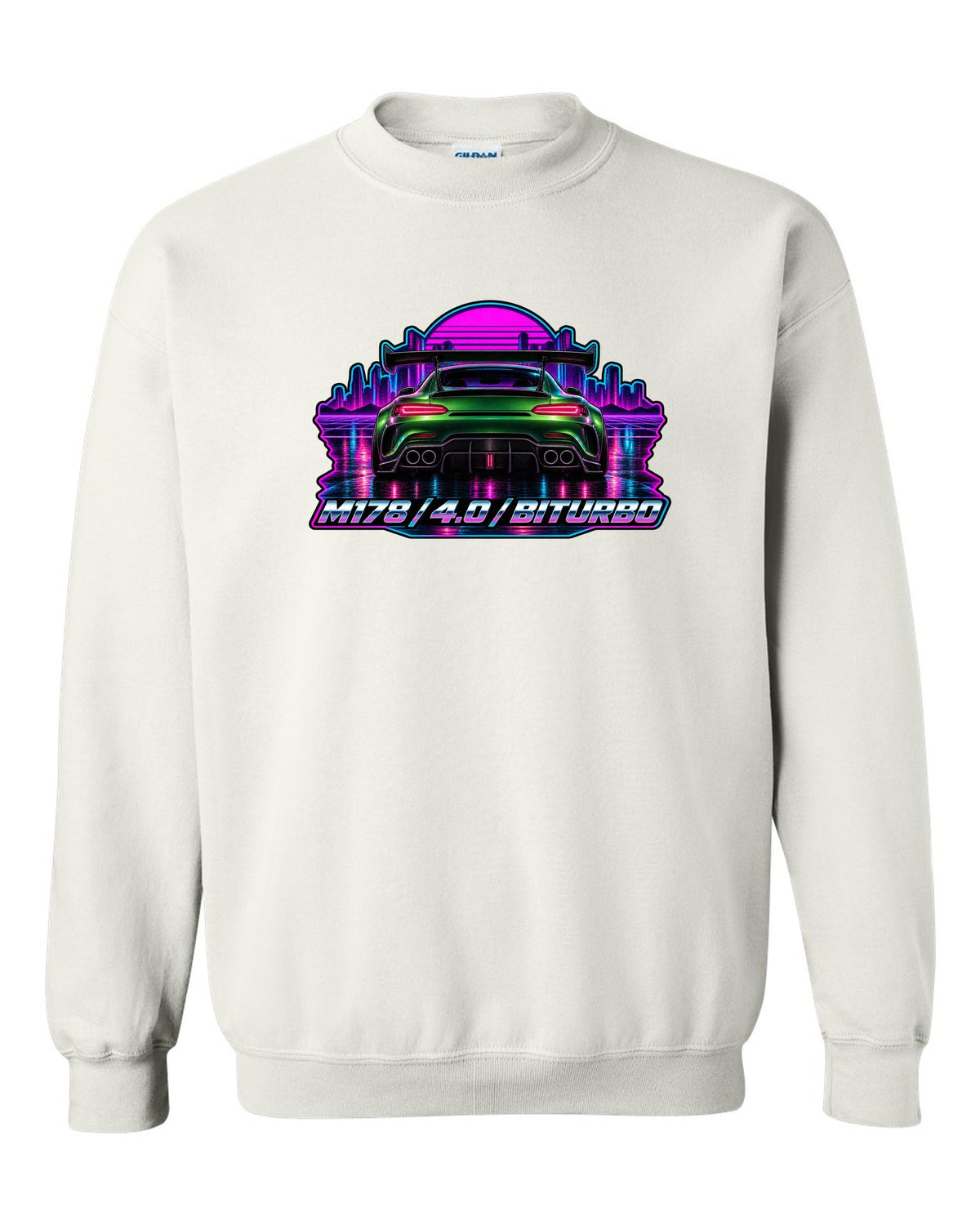 Cyanotype blueprint style engine bay illustration of a Mercedes AMG GT C190 with M178 557 PS text white crewneck front view with the design