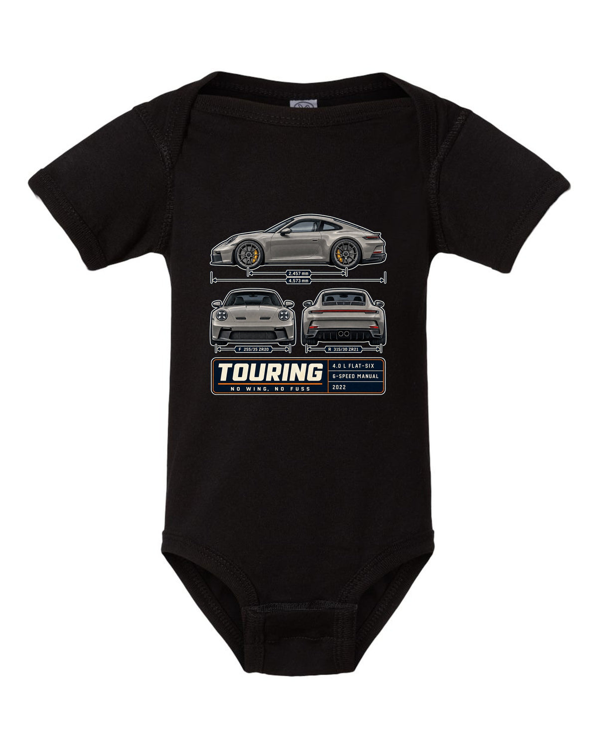 Porsche 992 GT3 Touring three-view spec table print design black baby onesie front view with the design