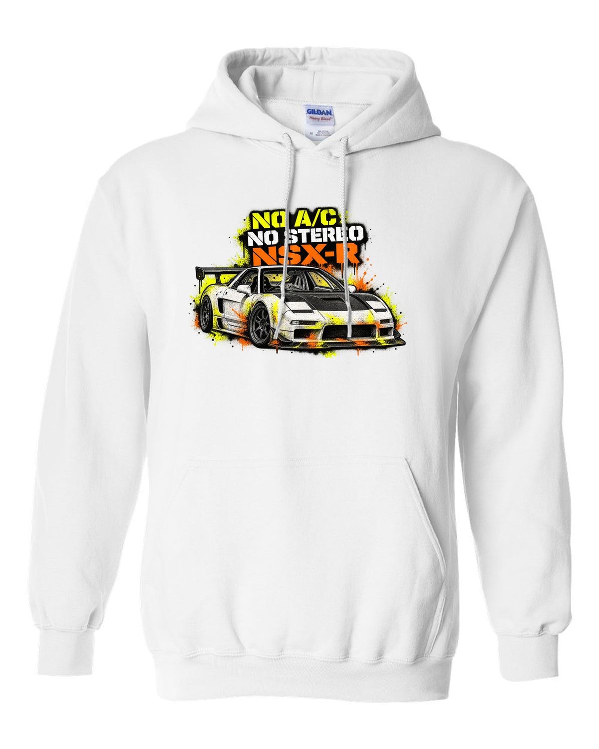 Risograph spot-colour print of a 1988 Honda CRX EF8 with B16A 950 KG Two Seats Only lettering white pull over hoodie front view with the design