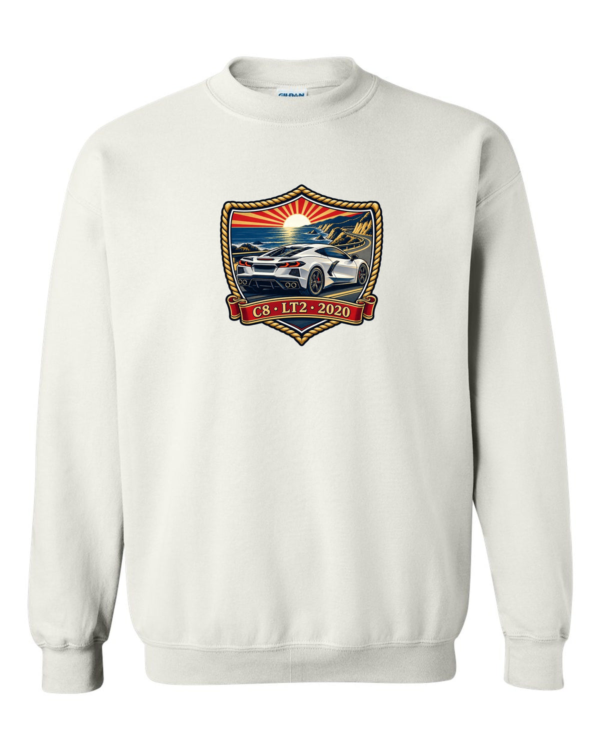 Shield crest design of a 2020 C8 mid-engine Corvette Stingray white crewneck front view with the design