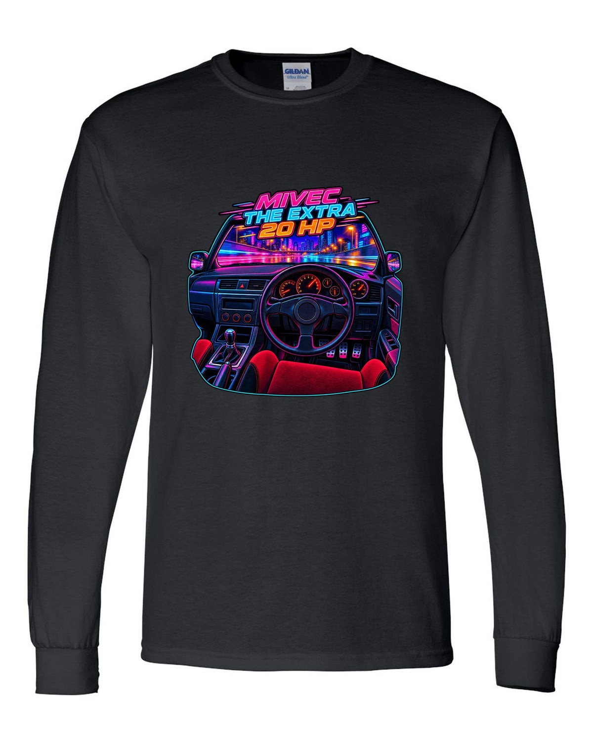 Neon cyberpunk gauge cluster cockpit of a Mitsubishi Lancer Evolution IX MR black long sleeve front view with the design