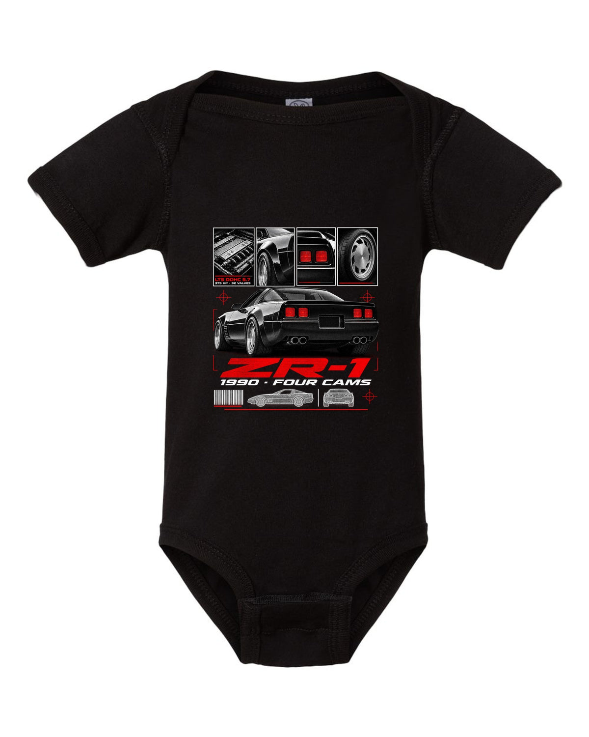 Chevrolet Corvette C4 ZR-1 1990 LT5 dossier print wide rear black baby onesie front view with the design