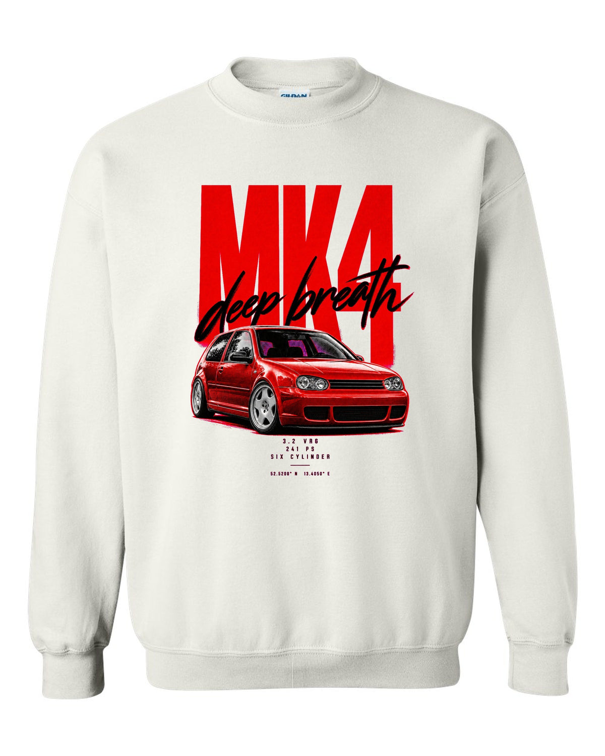 VW Golf R32 Mk4 2002 front three-quarter street poster with 241 PS text white crewneck front view with the design