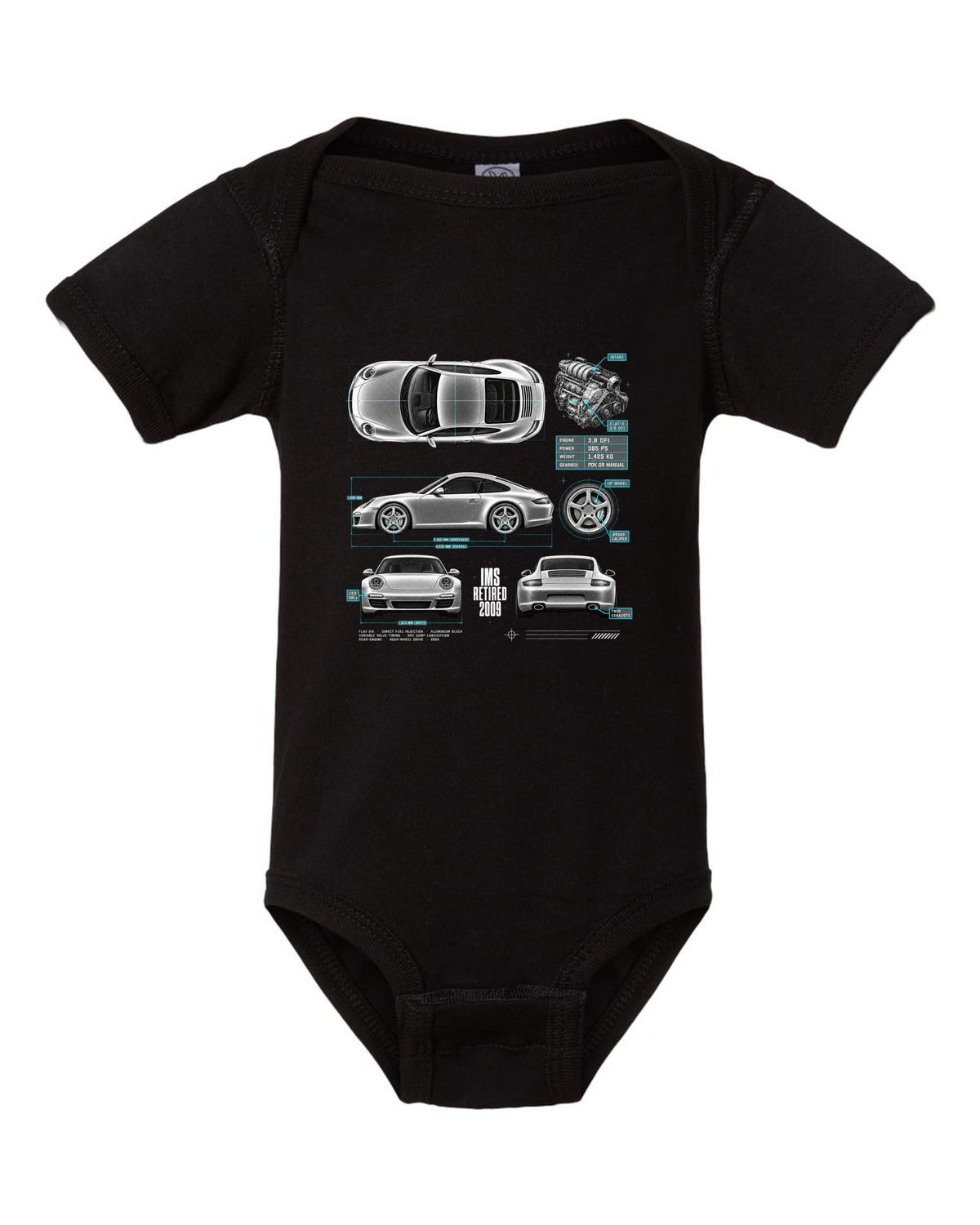 Spec poster print of a Porsche 911 Carrera S (997.2) with the headline IMS Retired 2009 black baby onesie front view with the design