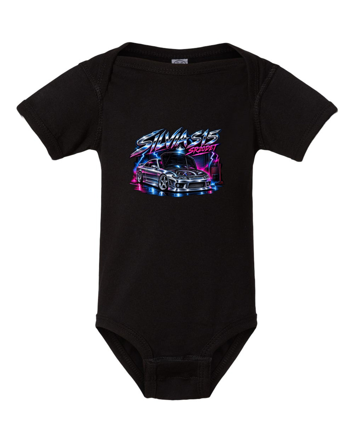 Airbrush chrome poster print of a Nissan Silvia S15 with SR20DET lettering black baby onesie front view with the design