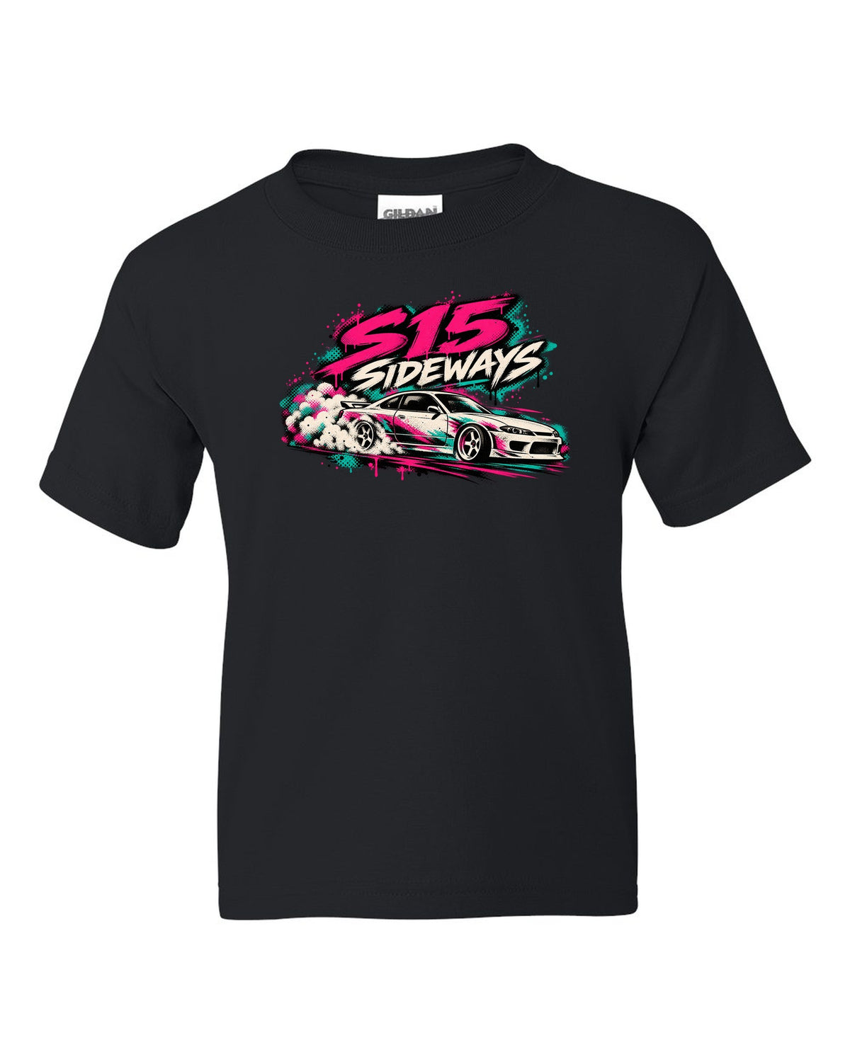 Stencil spray street art print of a Nissan Silvia S15 sliding sideways black kids tee front view with the design