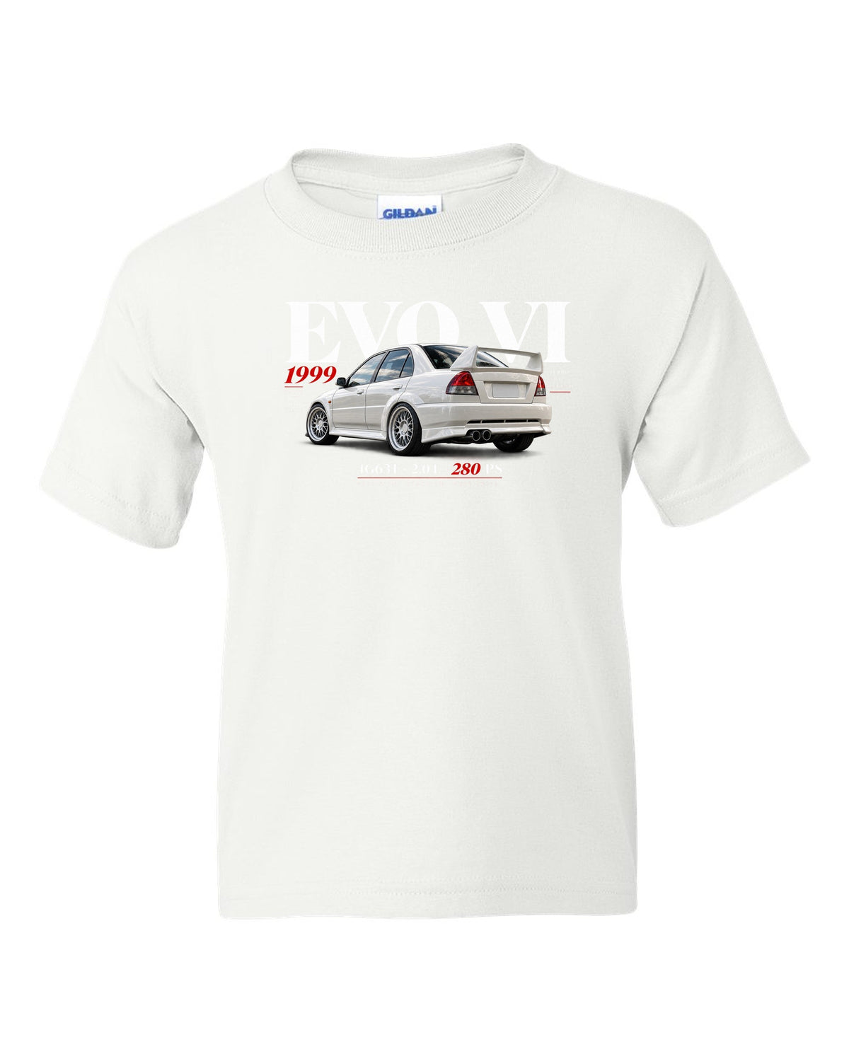 Mitsubishi Lancer Evolution VI TME CP9A editorial headline with 4G63T specs white kids tee front view with the design