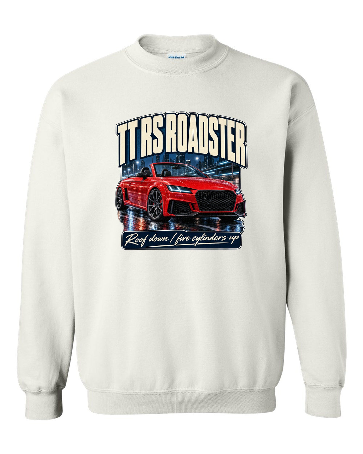 Audi TT RS Roadster 8S street poster print, roof down white crewneck front view with the design