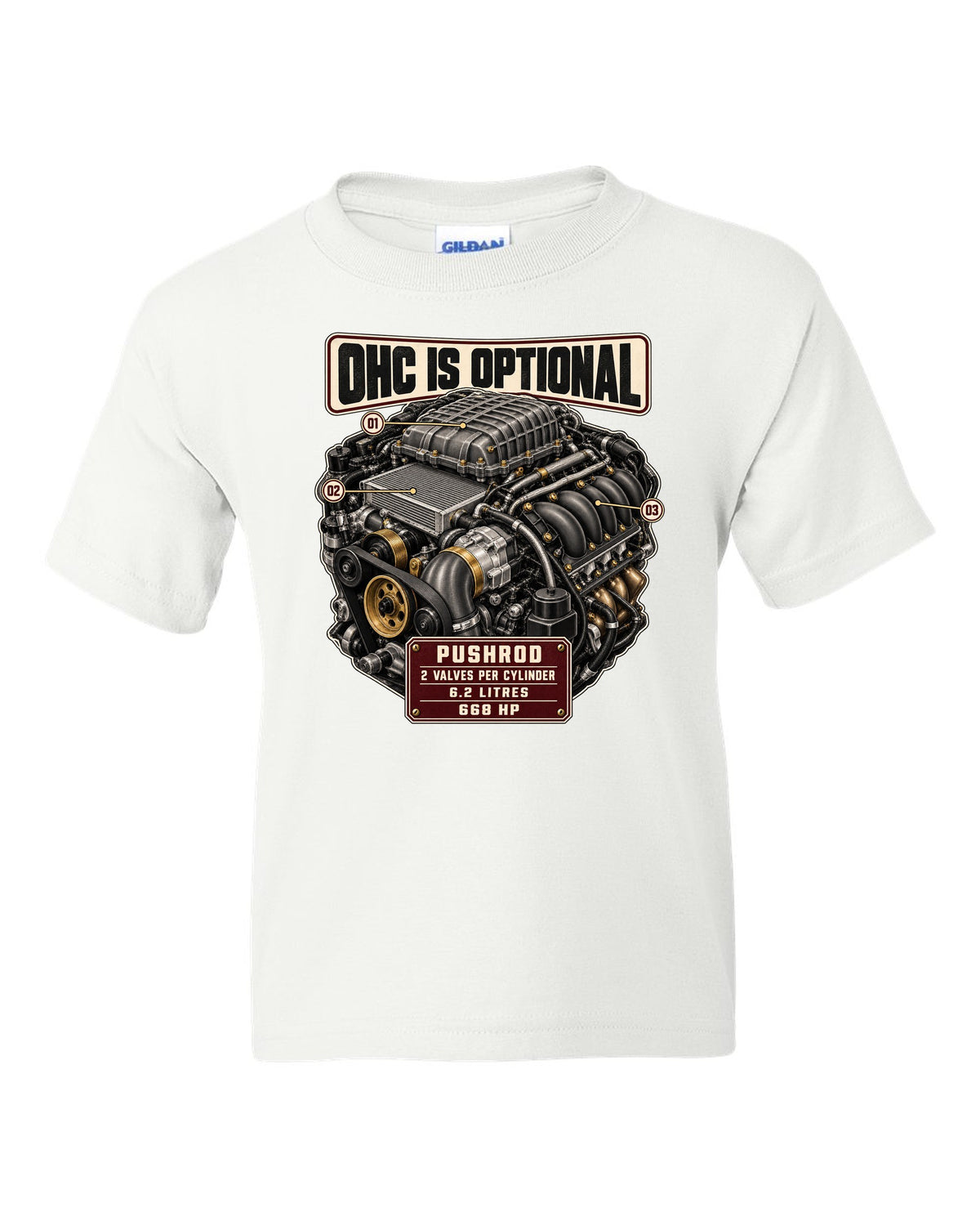 print of the Cadillac LT4 6.2L supercharged V8 engine from the CT5-V Blackwing white kids tee front view with the design