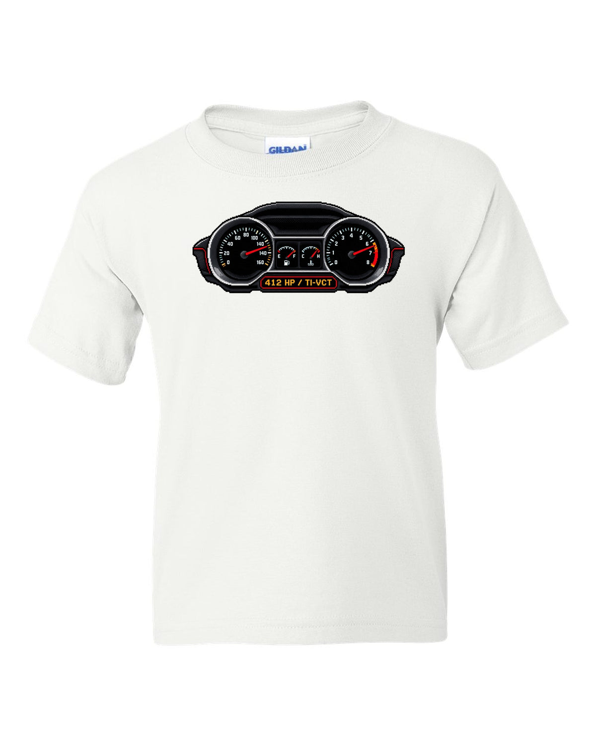Pixel art 2005-2014 S197 Ford Mustang fastback with Coyote 412 HP gauges white kids tee front view with the design