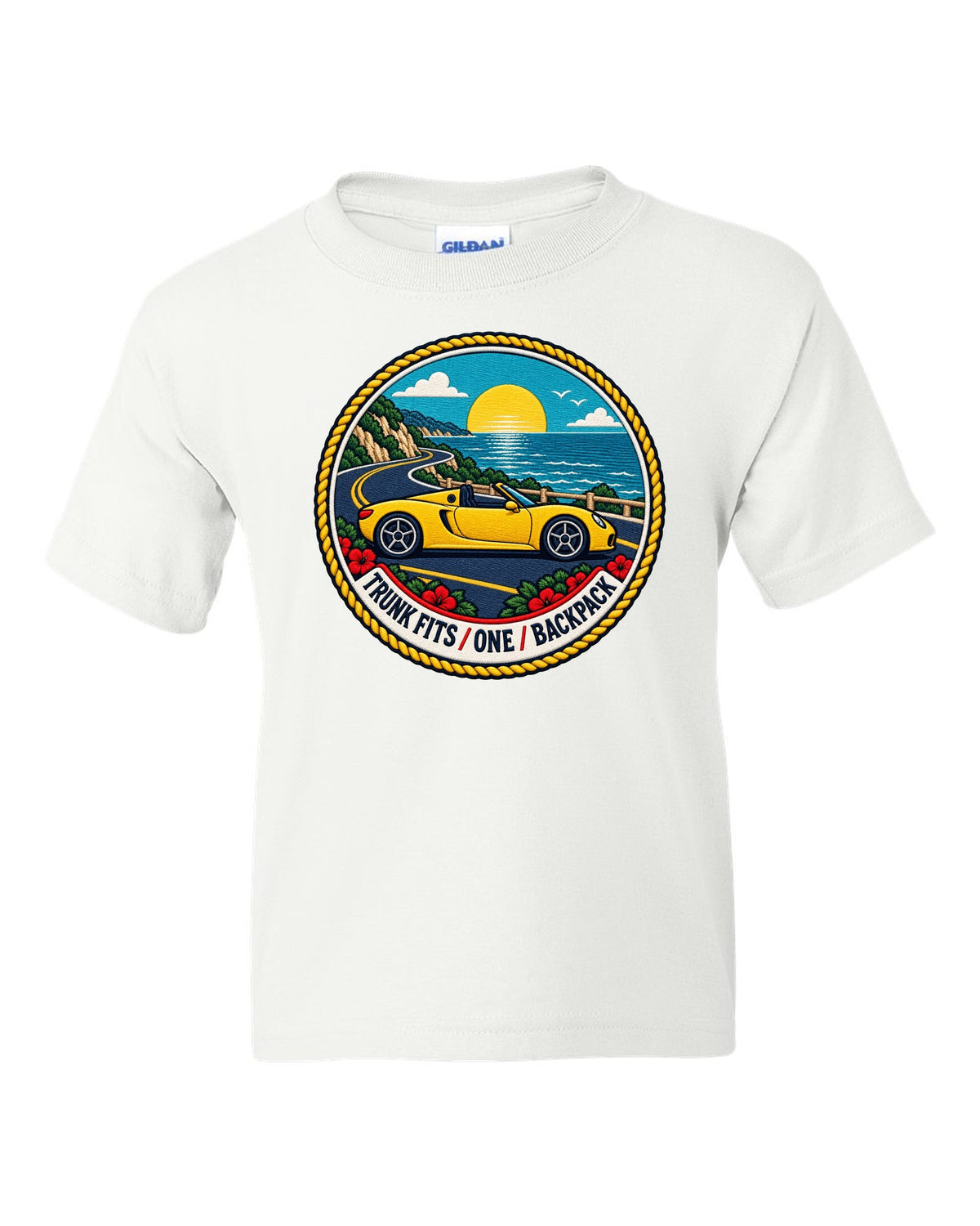 Varsity crest design for the Toyota MR2 W30 MR-S open roadster white kids tee front view with the design