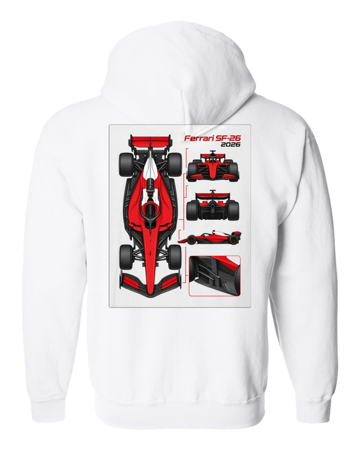Ferrari SF-26 2026 F1 car technical poster artwork white zip hoodie back view with the design