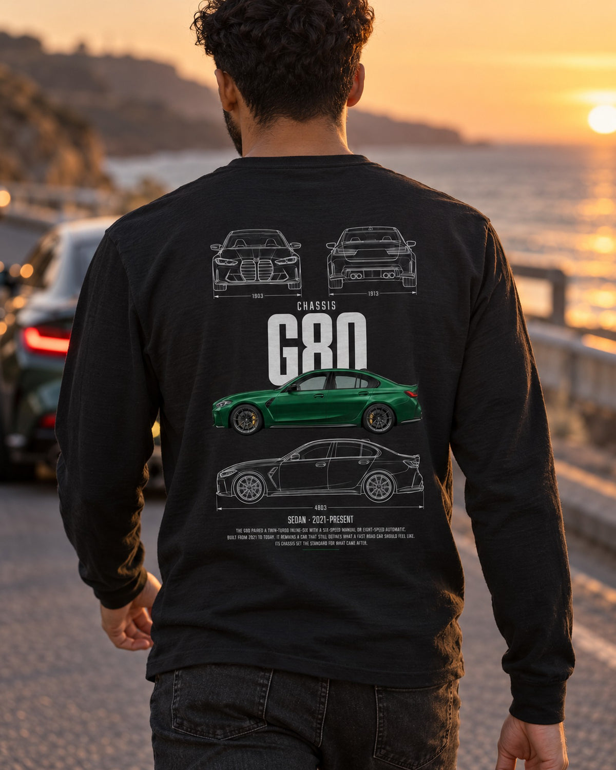 BMW G80 M3 four-door sedan Blueprint Full-Back Graphic Tee, G80 Chassis Code Long Sleeve Black worn hero