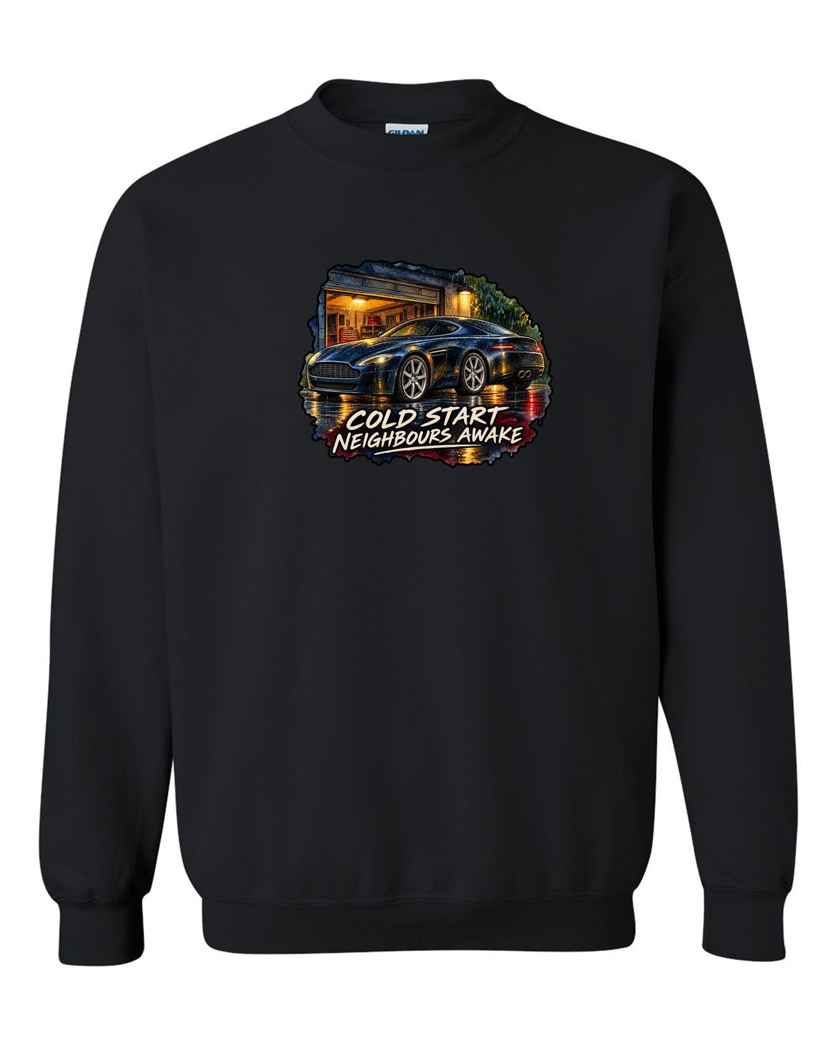 Aston Martin V8 Vantage watercolour wet-road night with COLD START NEIGHBOURS AWAKE black crewneck front view with the design