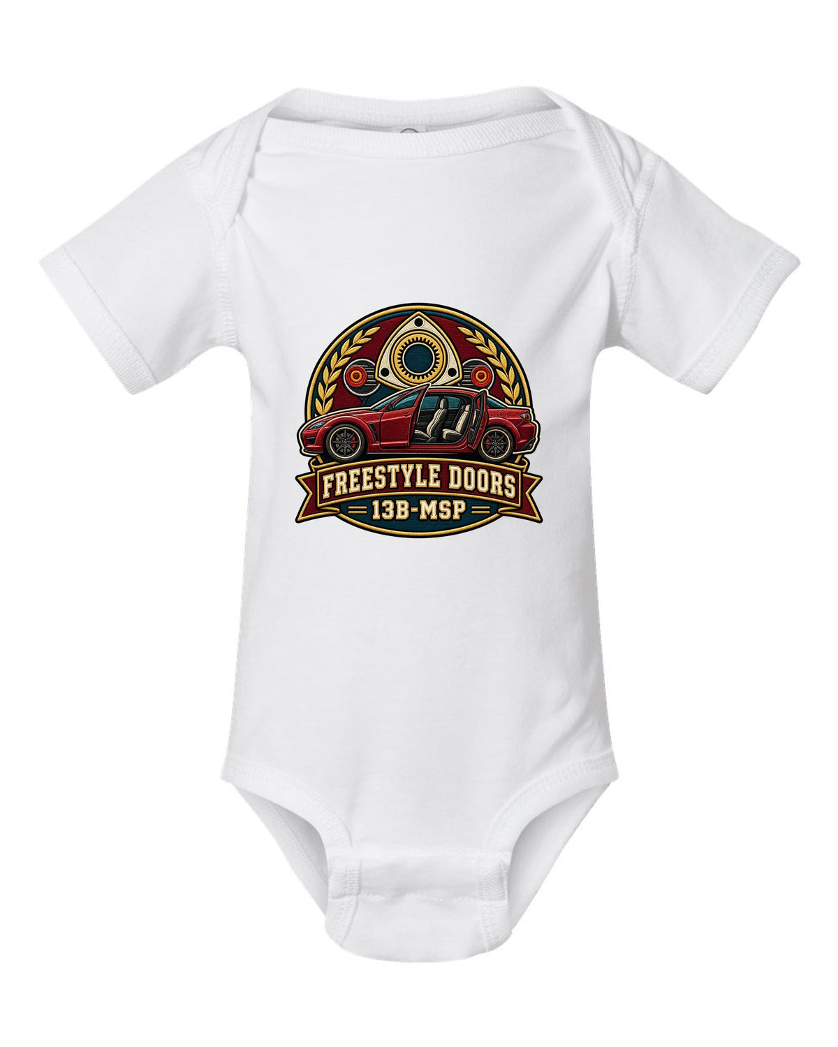 Varsity-style crest of a Mazda RX-8 SE3P with freestyle doors and 13B-MSP text white baby onesie front view with the design