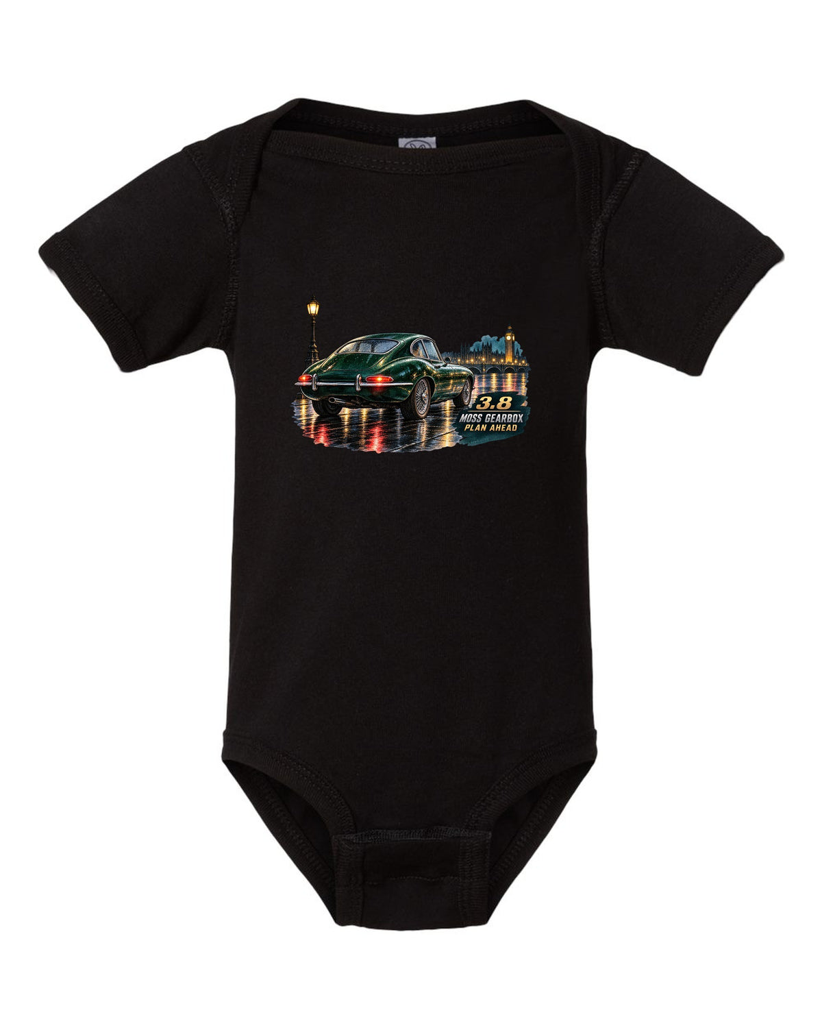Watercolour print of 1964 Jaguar E-Type Series 1 taillights on a wet night road black baby onesie front view with the design