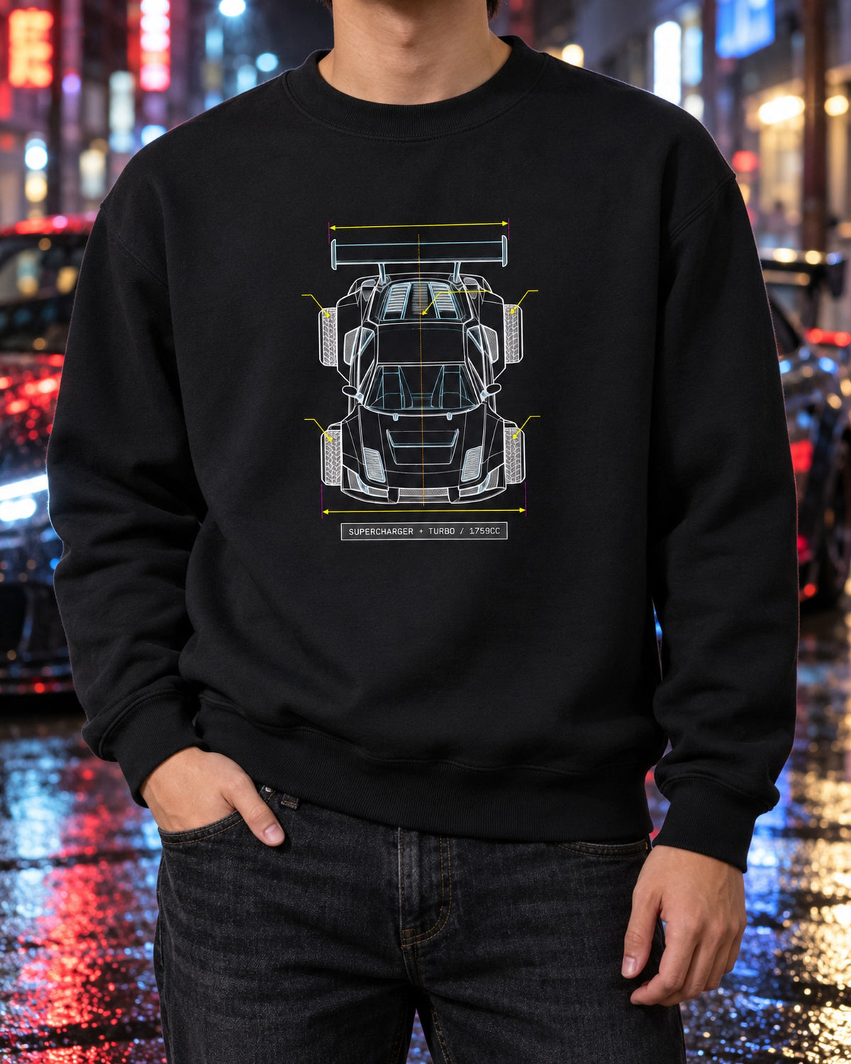 Lancia Delta S4 Overhead Blueprint Patent Style Shirt Crewneck Black worn hero