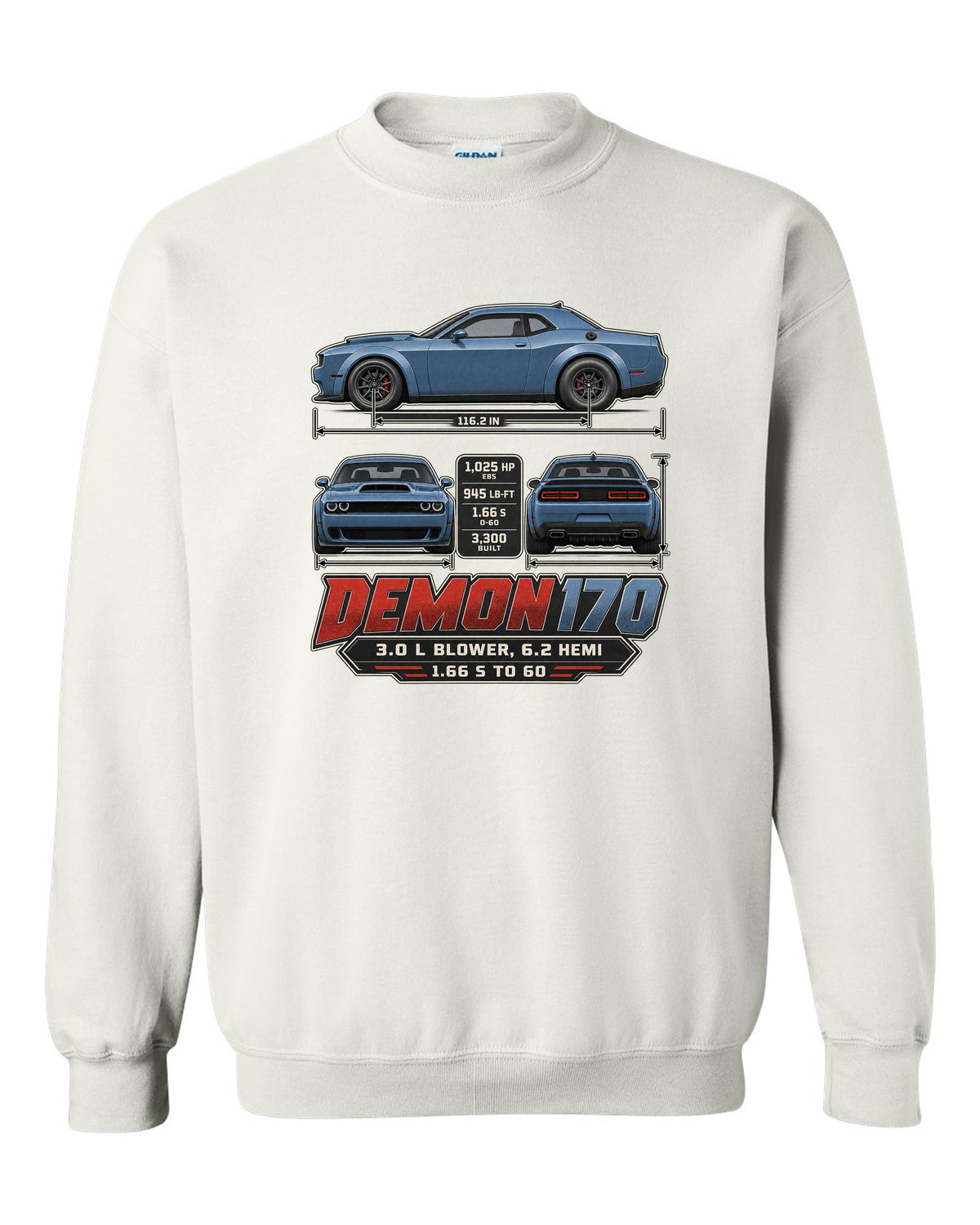 Dodge Challenger SRT Demon 170 dimension blueprint print white crewneck front view with the design