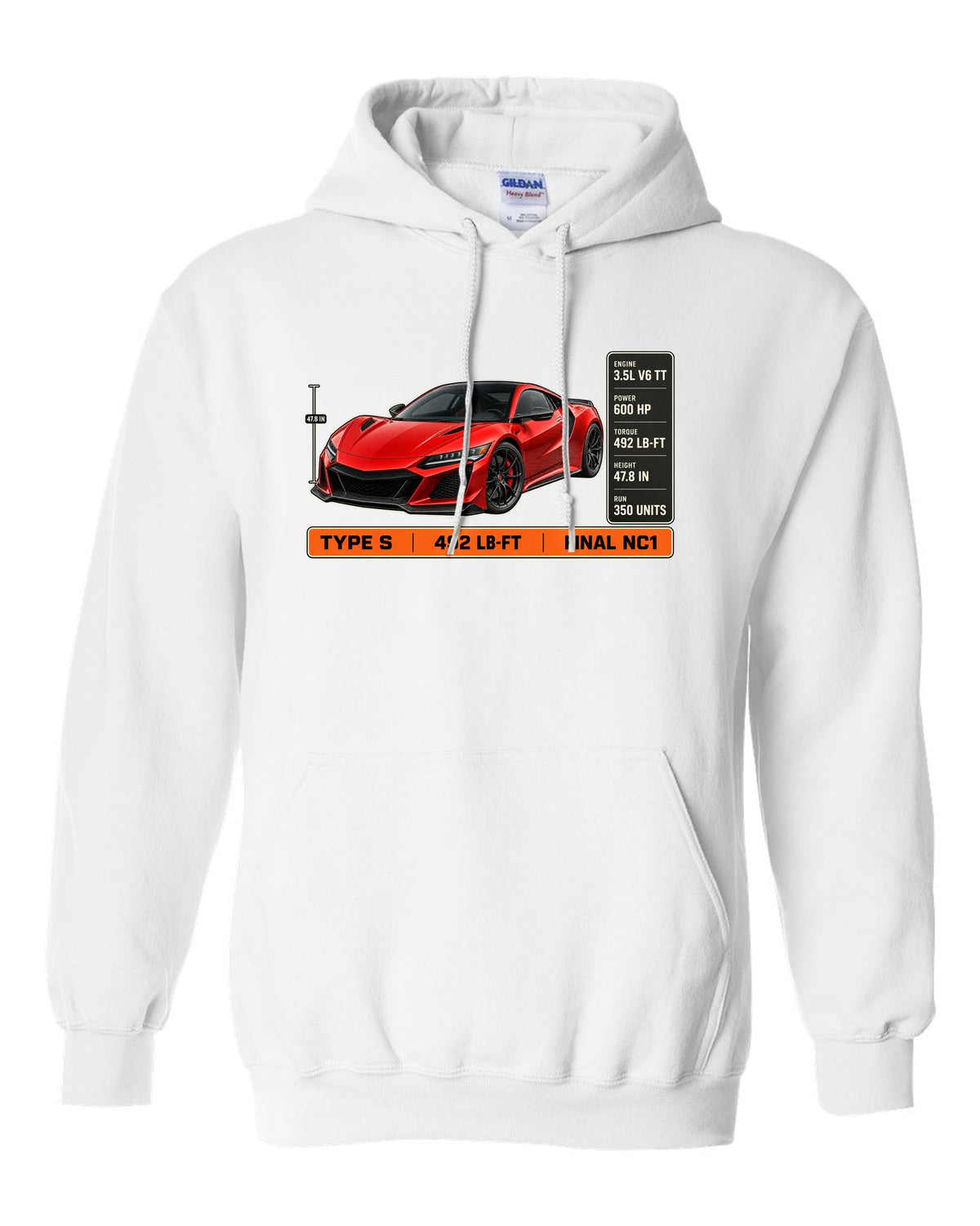 Spec poster print of a Curva Red Acura NSX NC1 Type S three-quarter white pull over hoodie front view with the design