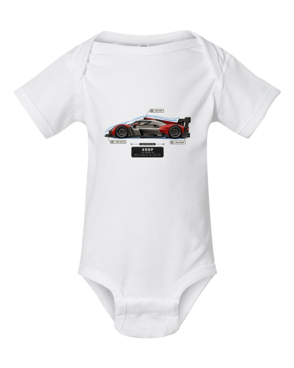 Ferrari 499P Le Mans Hypercar aero callout print with 120-degree V6 white baby onesie front view with the design