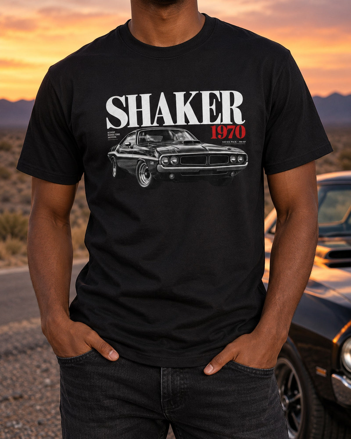 1970 Challenger R/T Shaker 440 Six Pack Editorial Tee T-Shirt Black worn hero