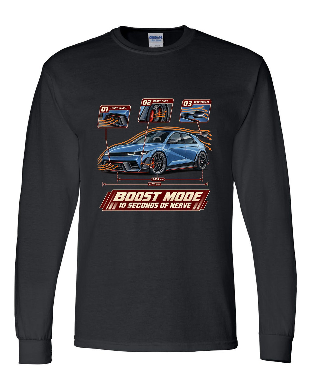 Hyundai Ioniq 5 N aero cutaway callouts print black long sleeve front view with the design