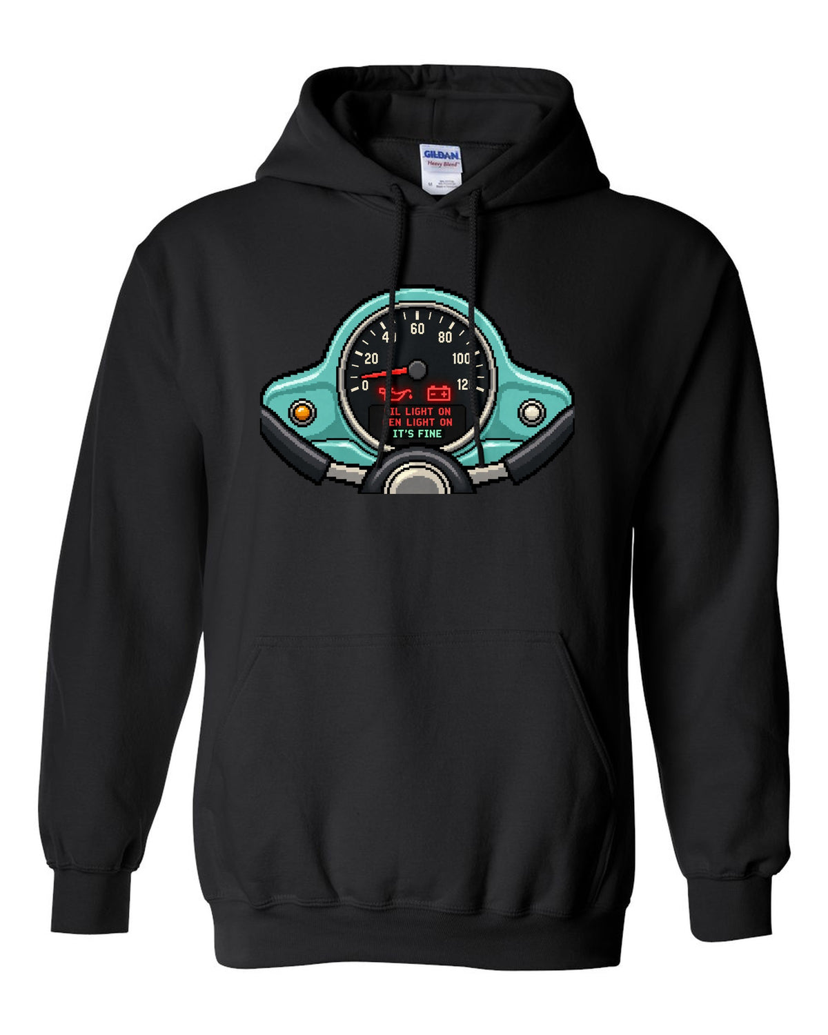 Pixel LED segmented display print of a VW Beetle Type 1 dashboard with warning light lettering black pull over hoodie front view with the design