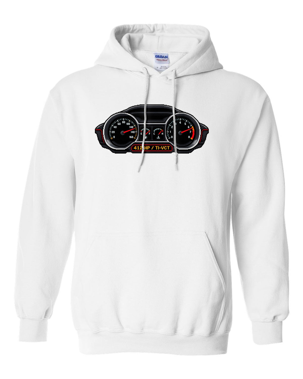 Pixel art 2005-2014 S197 Ford Mustang fastback with Coyote 412 HP gauges white pull over hoodie front view with the design