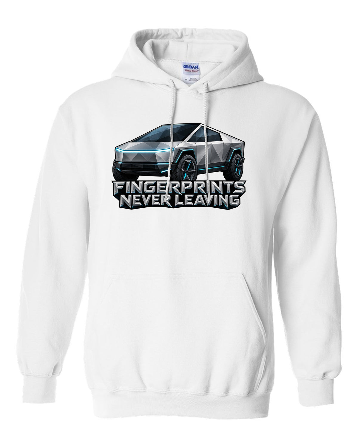 Low-poly wireframe facets of a 2023 Tesla Cybertruck with the words Fingerprints Never Leaving white pull over hoodie front view with the design