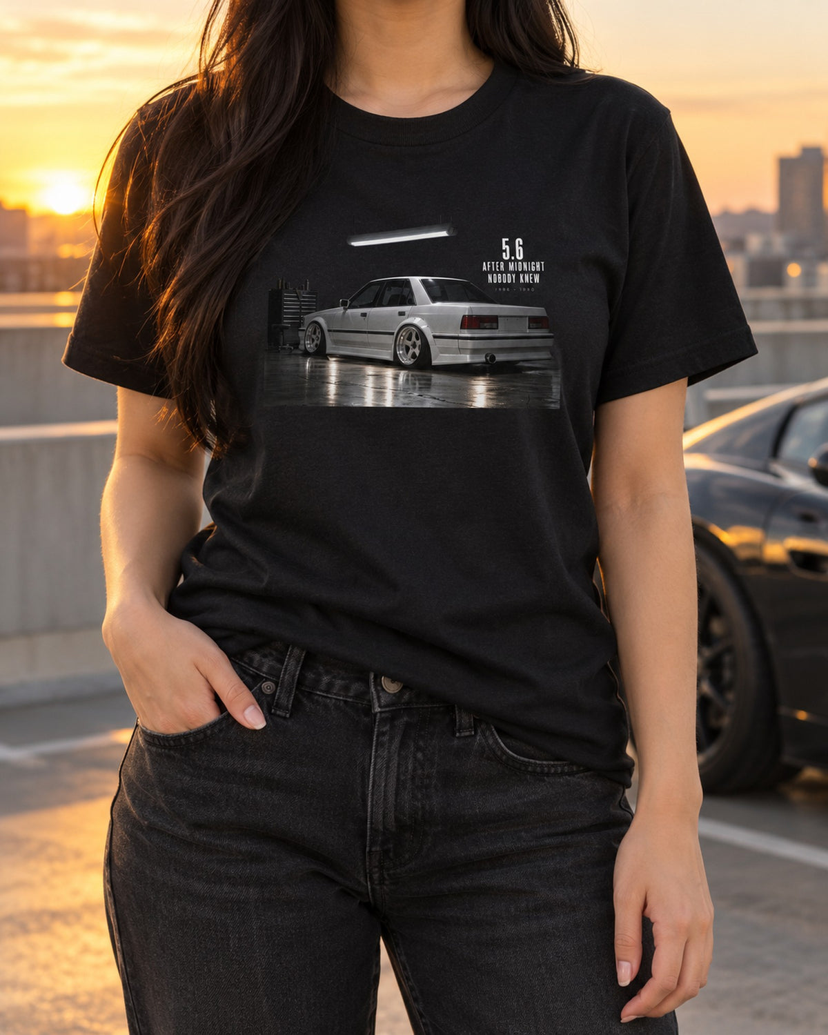 After Midnight W124 300E 5.6 Hammer Garage Night Car Tee T-Shirt Black worn hero