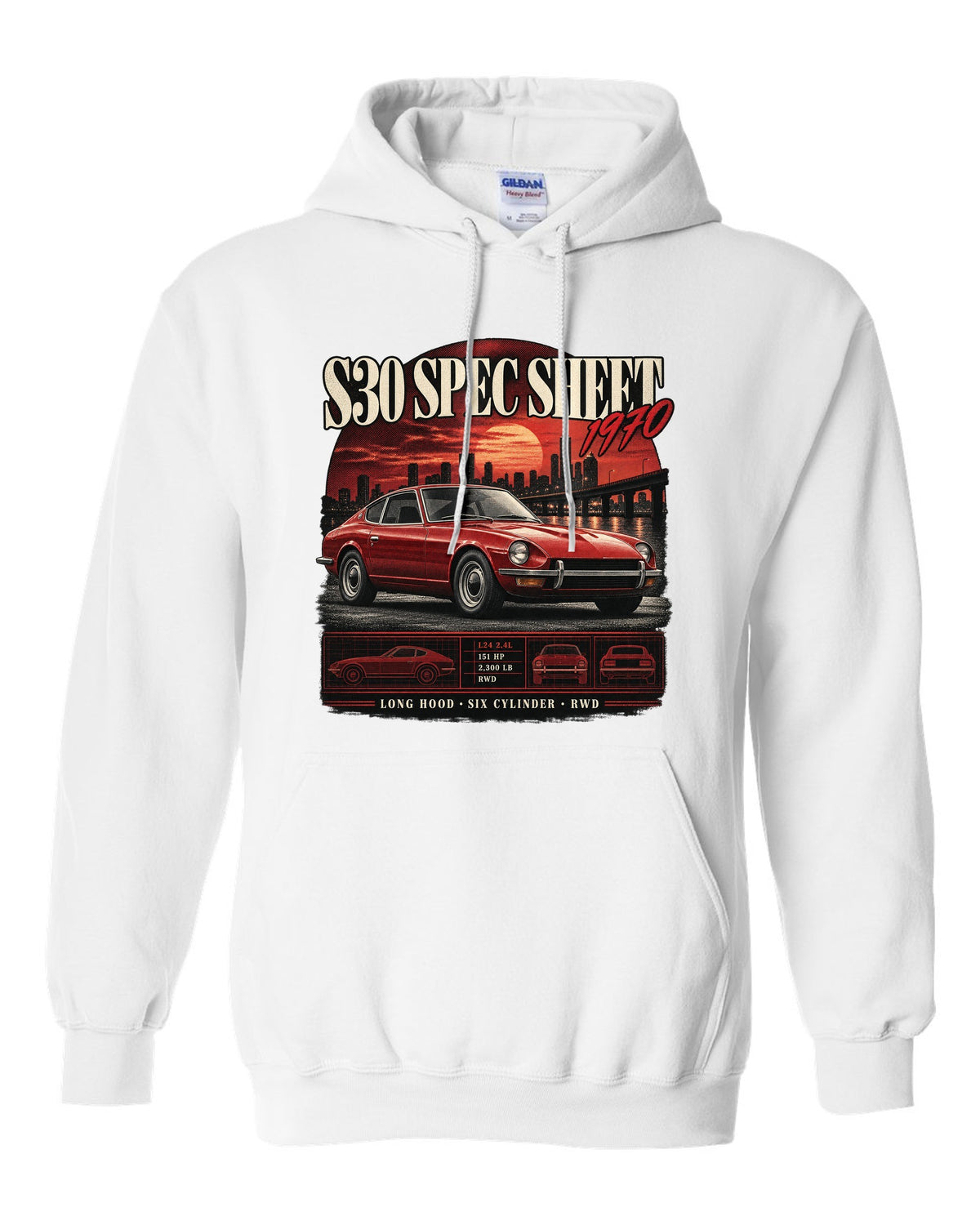 Archive panel spec sheet print of a Datsun 240Z S30 with L24 2.4L 151 HP text white pull over hoodie front view with the design