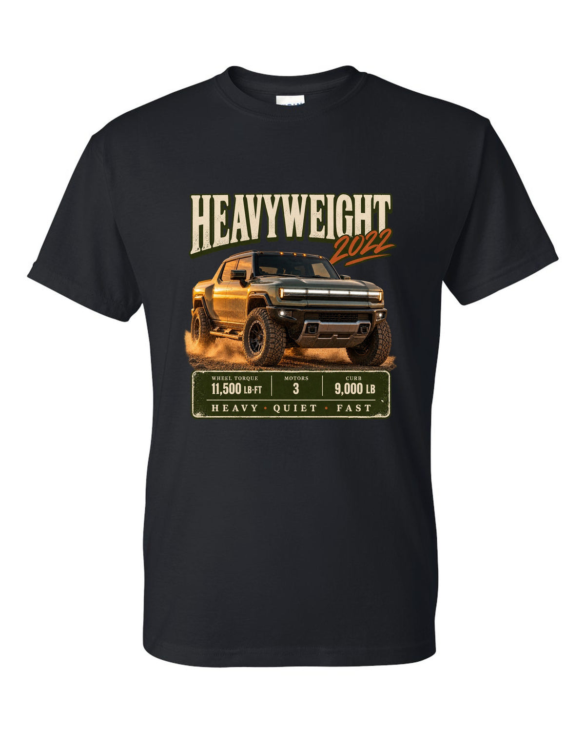 Full colour GMC Hummer EV 2022 three-quarter front archive panel design black t-shirt front view with the design