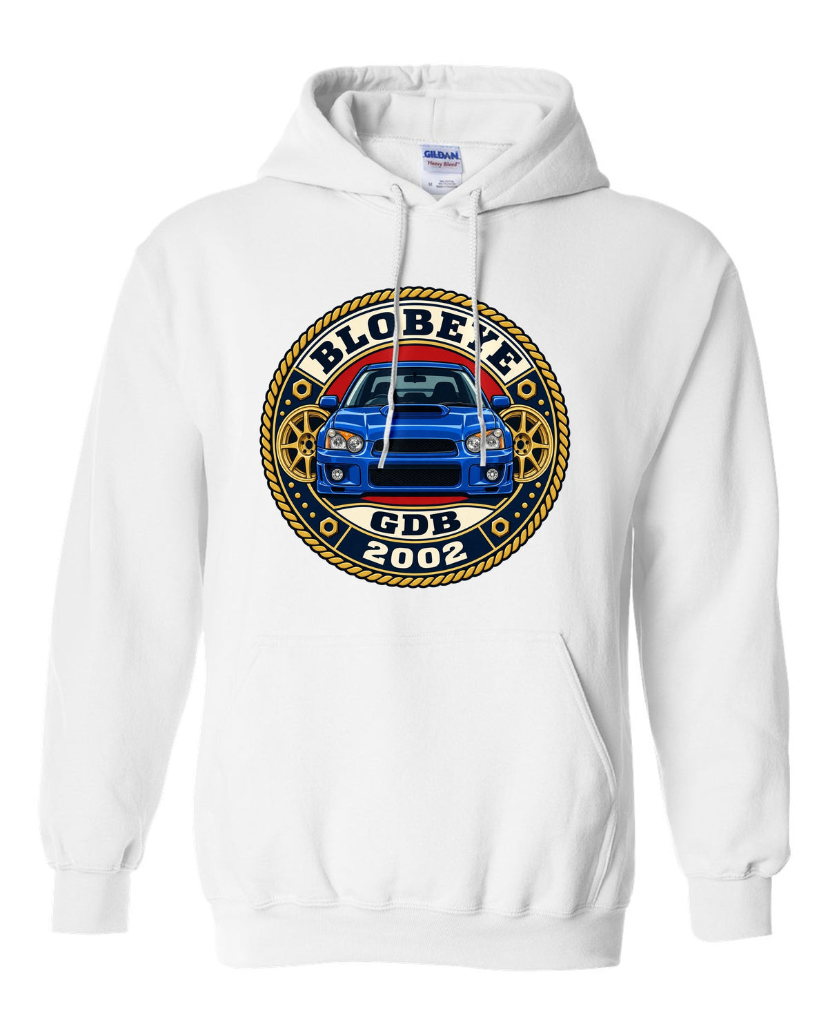 Subaru Impreza WRX GDB Blobeye round varsity crest print, BLOBEYE / GDB / 2002 white pull over hoodie front view with the design