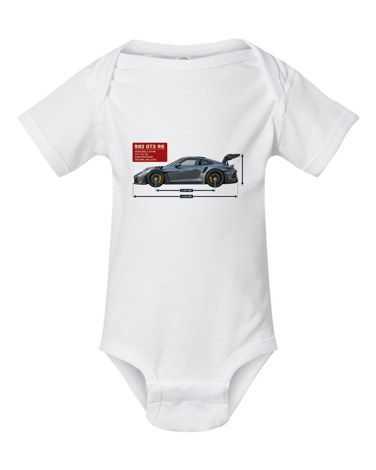 Porsche 992 GT3 RS dimension blueprint print design white baby onesie front view with the design