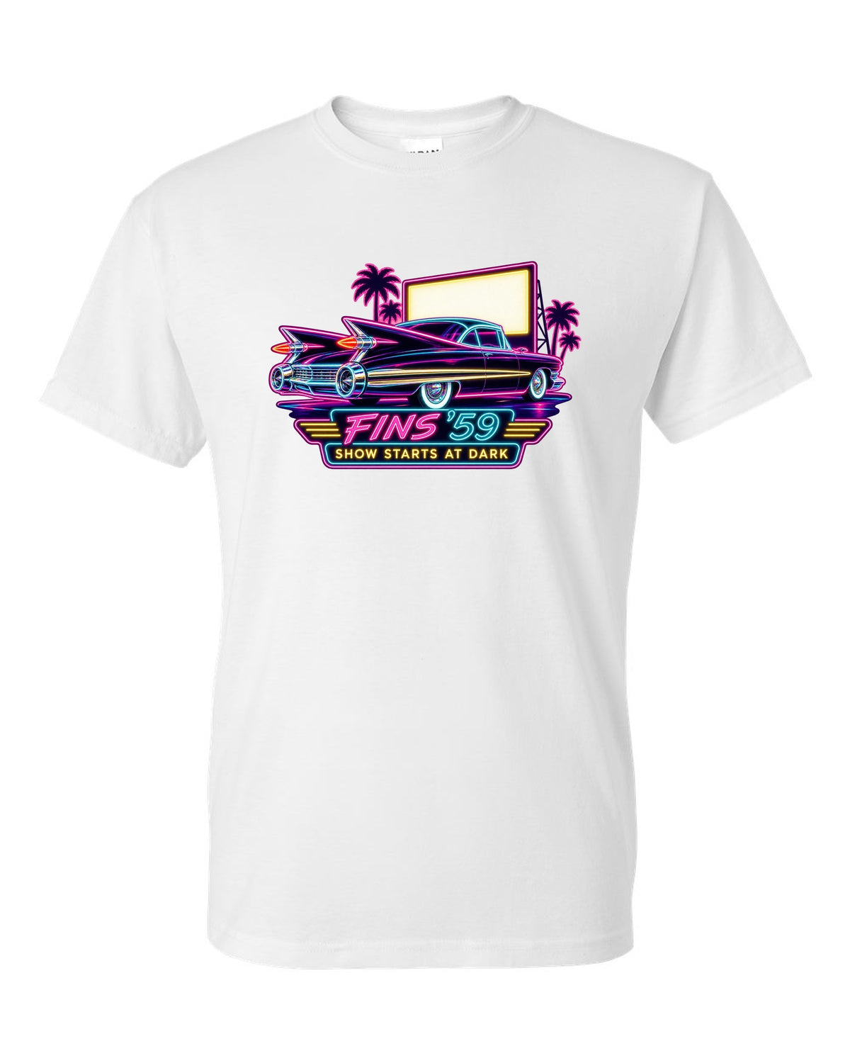 1959 Cadillac Coupe de Ville under neon sign glow at a night drive-in white t-shirt front view with the design