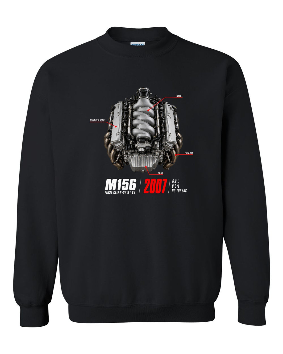 Mercedes C63 AMG W204 M156 V8 engine hero print with first clean-sheet V8 text black crewneck front view with the design