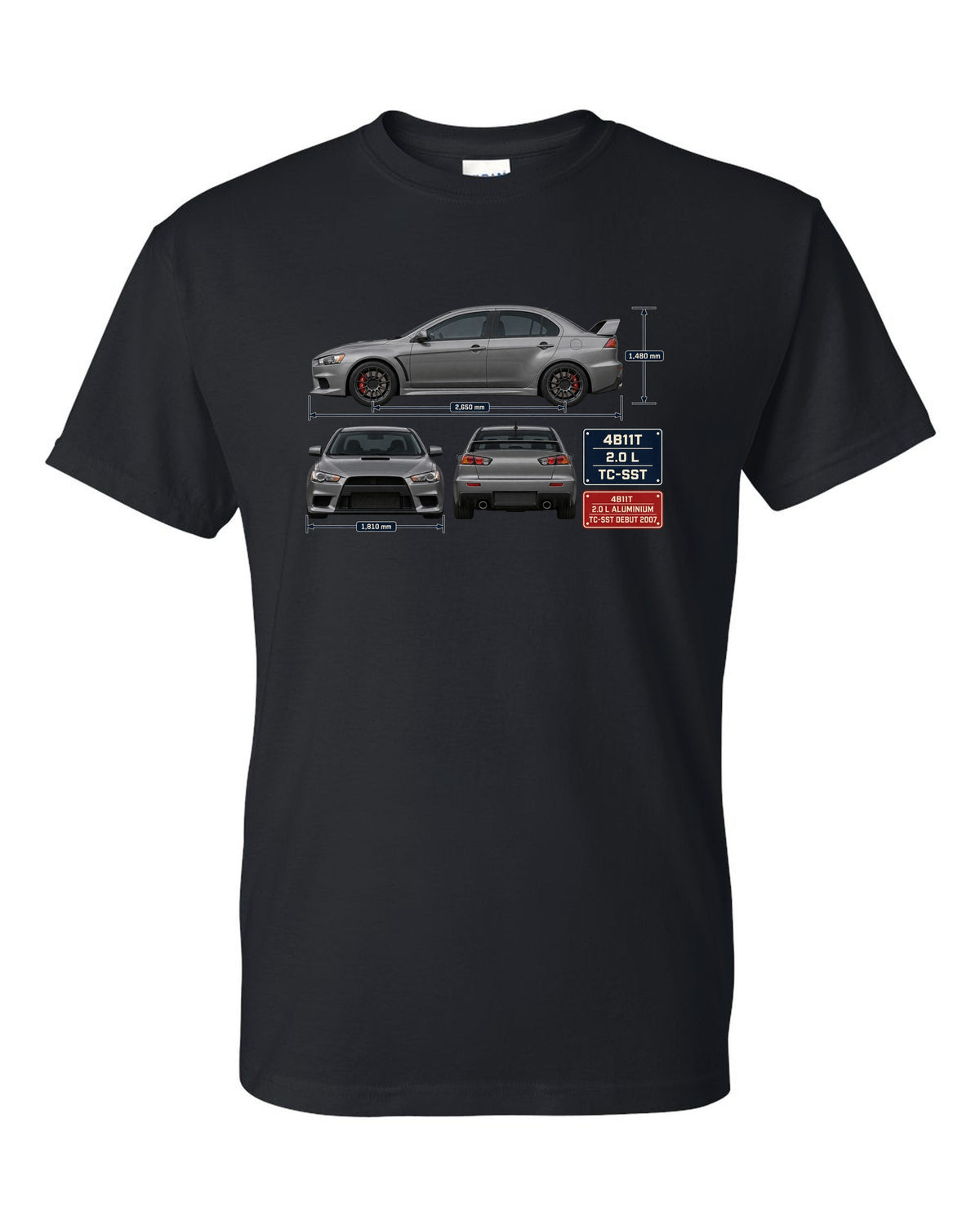 Evo X GSR Three-View Spec Table Tee, Mitsubishi Lancer black t-shirt front view with the design