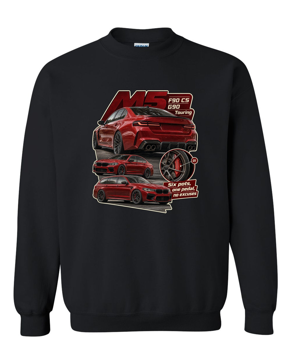 BMW M2 G87 in Toronto Red taillight macro print with six pots one pedal caption black crewneck front view with the design