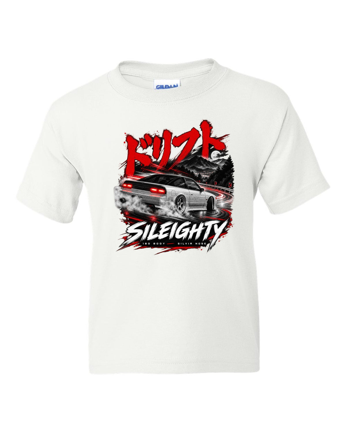Touge night print of a Nissan Sileighty, 180SX body with Silvia nose white kids tee front view with the design