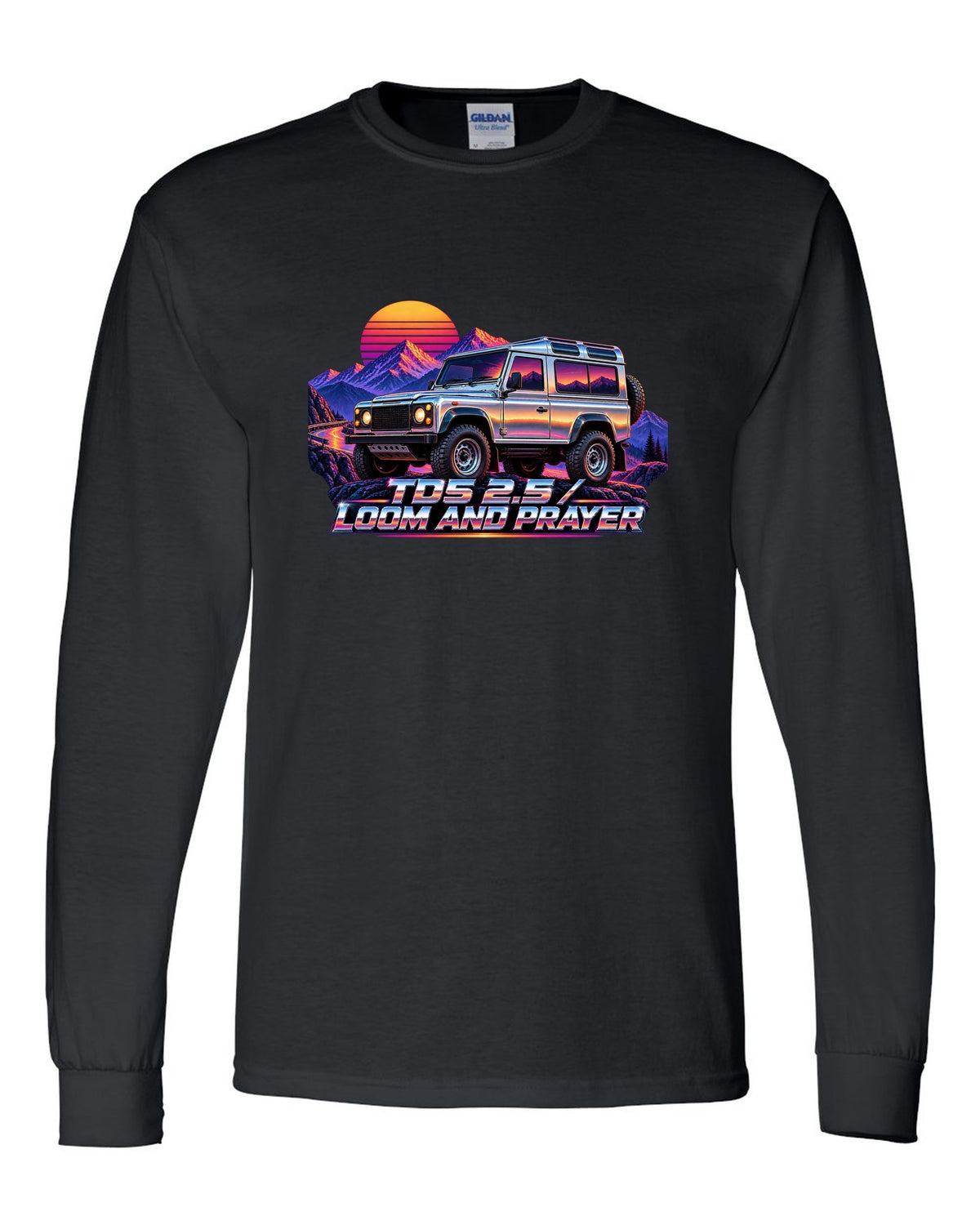 80s airbrush chrome art of a Land Rover Defender 110 Td5 on a sunset mountain pass black long sleeve front view with the design
