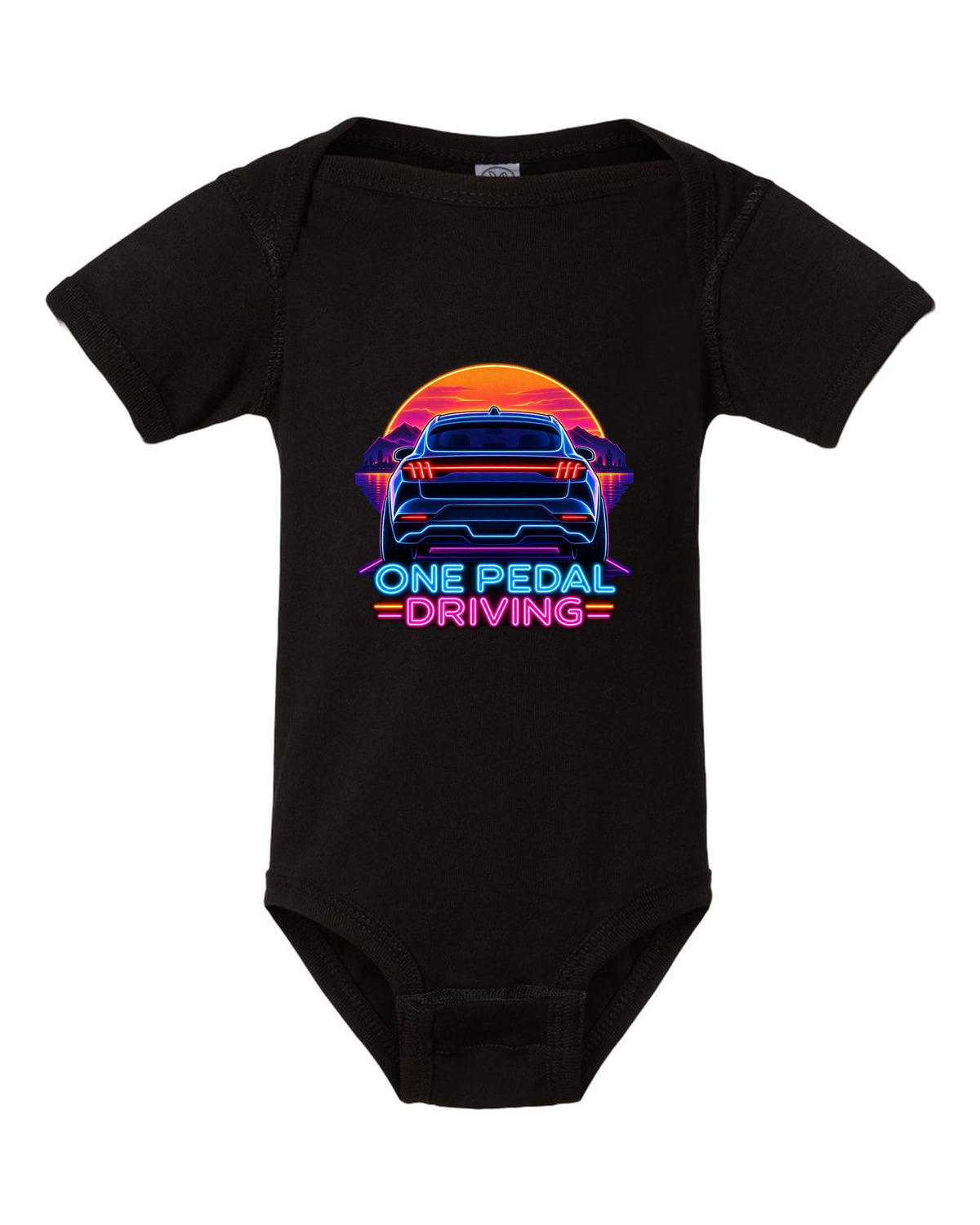 Neon sign print of the 2020 Mustang Mach-E CX727 tail bar reading One Pedal Driving black baby onesie front view with the design