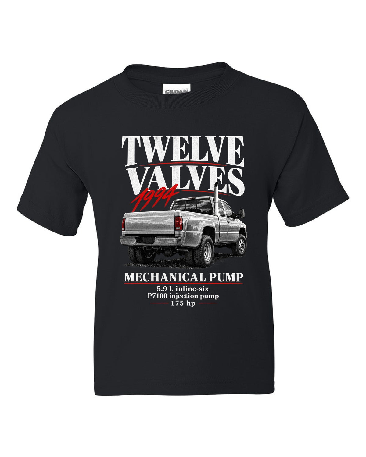 Editorial print of a 1994-98 Dodge Ram 2500 2nd gen 12-valve in a rear three-quarter view black kids tee front view with the design